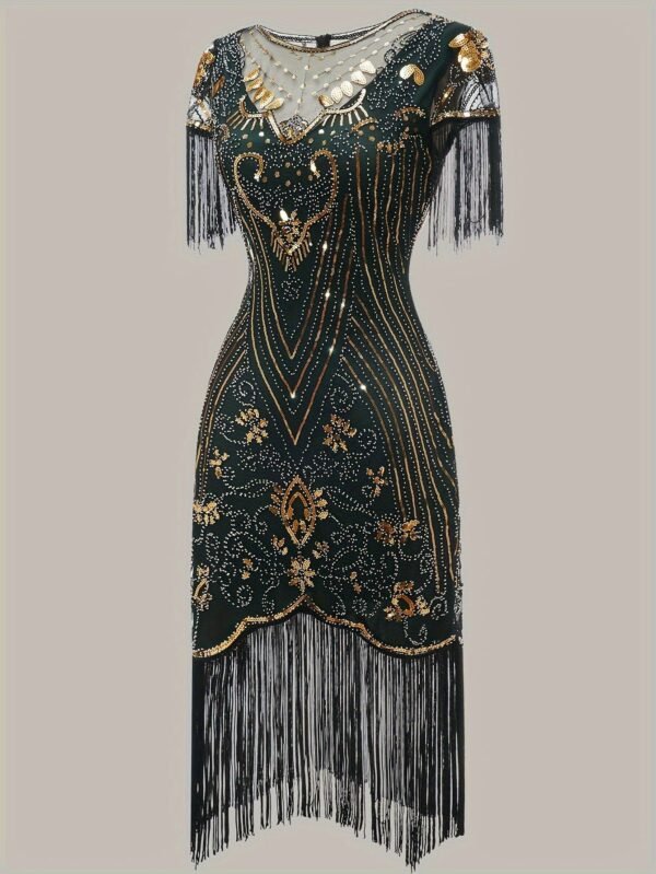 Tassel Sequined V Neck Dress, Elegant Crew Neck Short Sleeve Dress For Party & Banquet, Women's Clothing