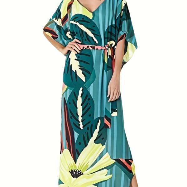 Floral Print V Neck Maxi Dress, Vacation Batwing Sleeve Belted Beach Dress, Women's Clothing