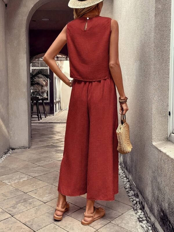 Solid Color Elegant Pantsuits Set, Crew Neck Tak Top & Wide Leg Pants Outits, Women's Clothing