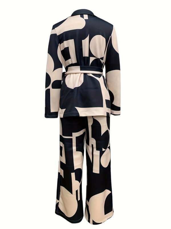 Business Casual Geo Print Two-piece Set, Notched Collar Tie-waist Blazer & Wide Leg Pants Outfits, Women's Clothing