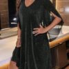 Sequined V Neck Loose Dress, Elegant Cloak Sleeve Mini Dress For Party & Banquet, Women's Clothing