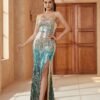 Sequin Spaghetti Strap Dress, Elegant Criss Cross Back Split Thigh Party Dress, Women's Clothing