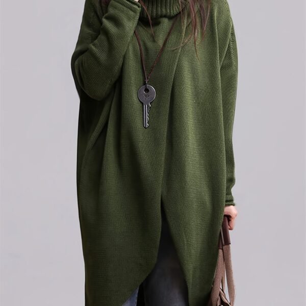 Solid Color Turtle Neck Sweater, Casual Long Sleeve Asymmetric Hem Long Length Sweater For Fall & Winter, Women's Clothing
