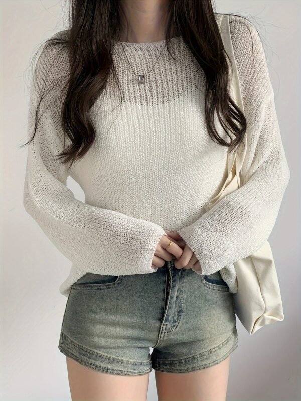 Solid Crew Neck Knitted Top, Casual Long Sleeve Thin Sweater, Women's Clothing