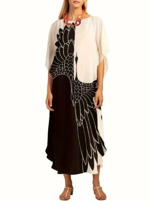 Color Block Crew Neck Dress, Casual Short Sleeve Loose Asymmetrical Dress For Spring & Summer, Women's Clothing