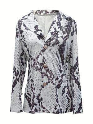 Snake Skin Print Two-piece Set, Single Breasted Lapel Blazer & Straight Leg Pants Outfits, Women's Clothing