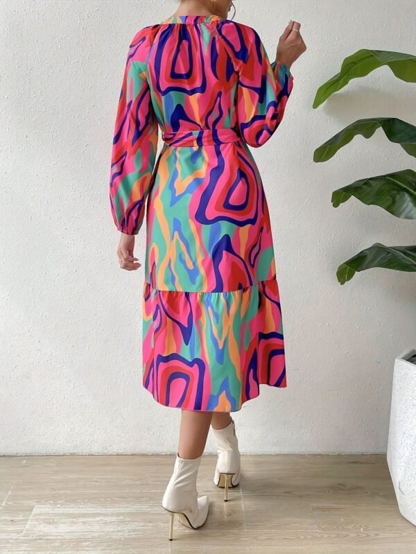 Abstract Print Crew Neck Dress, Elegant Long Sleeve Belted Dress For Spring & Fall, Women's Clothing