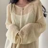 Solid Knitted Pullover Top, Casual Crew Neck Long Sleeve Crochet Coverup Top, Women's Clothing