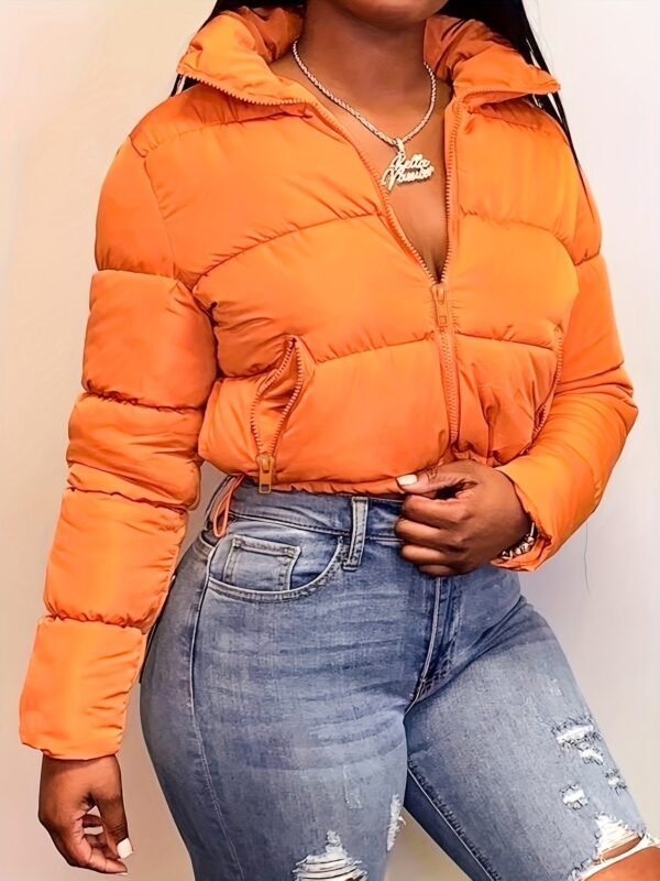 Zipper Warm Puffer Jackets For Winter Hiking Ski, Solid Color Crop Puffer Coat, Women's Clothing for Koningsdag/King's Day