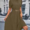 Chain Belted Puff Sleeve Dress, Elegant Summer Mock Neck Knee Length Dress For Spring & Summer, Women's Clothing