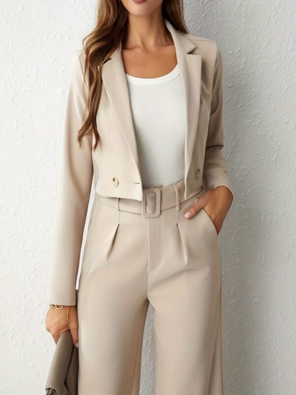 Business Casual Two-piece Set, Double-breasted Lapel Long Sleeve Blazer & Belted Wide Leg Pants Outfits, Women's Clothing