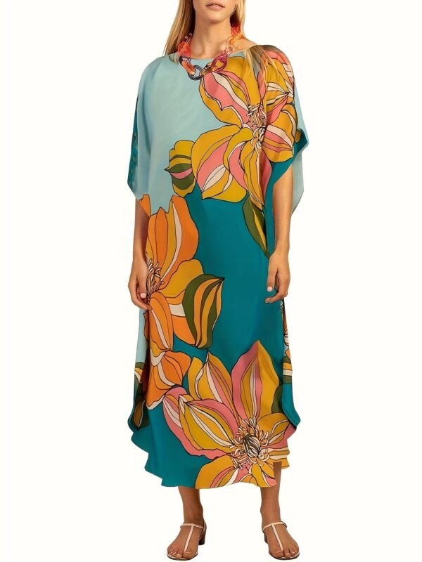 Color Block Crew Neck Dress, Casual Short Sleeve Loose Asymmetrical Dress For Spring & Summer, Women's Clothing