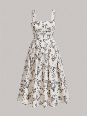 Plus Size Floral Print Cinched Waist Tank Dress, Boho Shirred Back Sleeveless Square Neck Swing Dress For Spring & Summer, Women's Plus Size Clothing