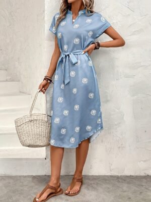 Floral Print Notched Neck Dress, Elegant Batwing Sleeve Dress For Spring & Summer, Women's Clothing