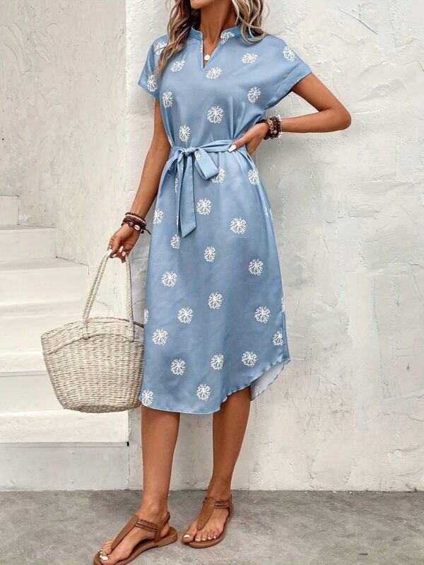 Floral Print Notched Neck Dress, Elegant Batwing Sleeve Dress For Spring & Summer, Women's Clothing