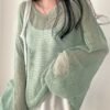 Solid Knitted Pullover Top, Casual Crew Neck Long Sleeve Crochet Coverup Top, Women's Clothing