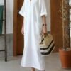 Solid Color Button Coverup Dress, Casual V Neck Half Sleeve Loose Midi Dress With Pocket, Women's Clothing