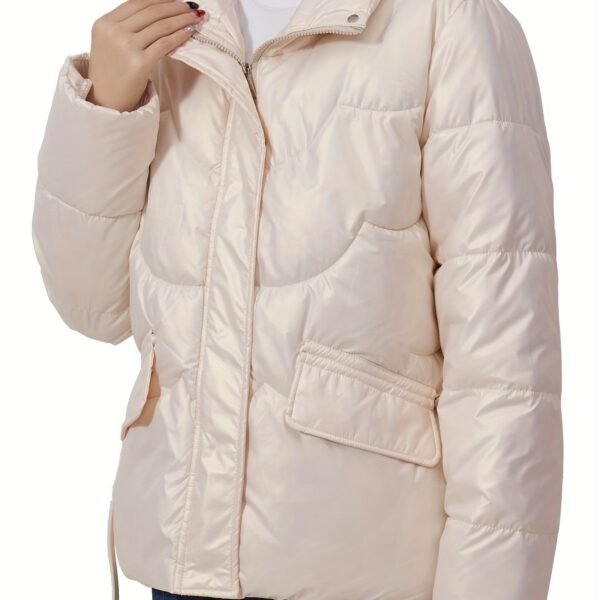 Solid Color Fashionable Puffer Jacket For Women, Thickened Warm Stand Collar Coat For Winter Outdoor, Women's Clothing