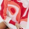 Plus Size Casual Sweater, Women's Plus Abstract Print Long Sleeve Mock Neck Medium Stretch Pullover Jumper