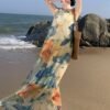 Floral Print Crew Neck Maxi Dress, Vacation Sleeveless Flared Tiered Beach Swing Dress, Women's Clothing