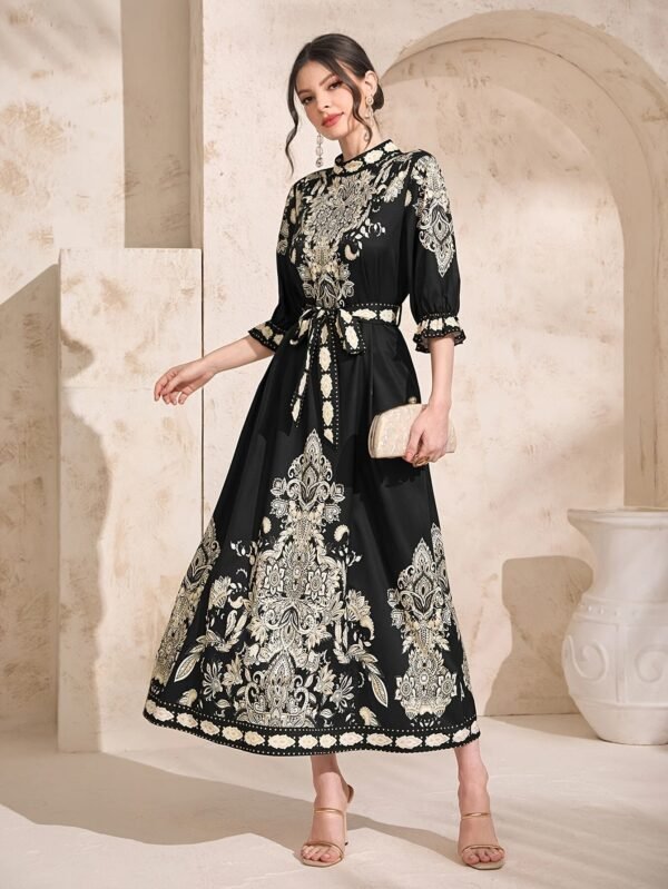 Paisley Print Crew Neck Dress, Elegant Tie Waist Ankle Length Half Sleeve Dress For Spring & Summer, Women's Clothing