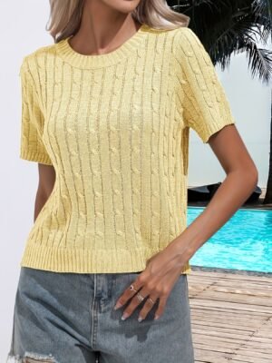 Cable Knitted Crew Neck Sweater, Casual Short Sleeve Pullover Sweater For Spring & Summer, Women's Clothing