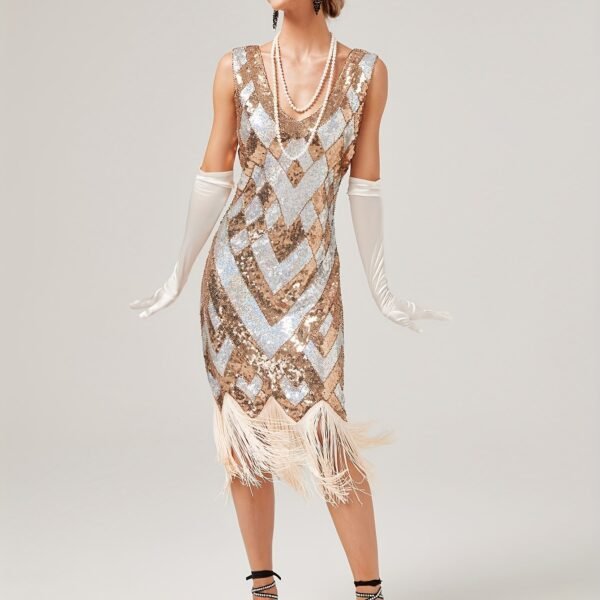 Sequined Tassel Hem Dress, Vintage Plunging Neck Sleeveless Backless Sheath Dress, Women's Clothing