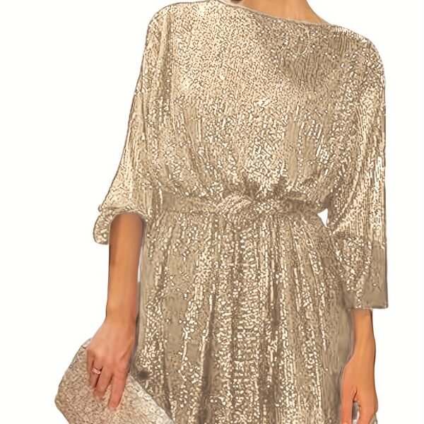 Sequined Tie Waist Dress, Elegant Solid Dress For Club & Party, Women's Clothing
