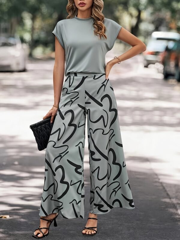 Striped Print Casual Pantsuits, Solid Crew Neck Short Sleeve T-shirt & Wide Leg Pants Outfits For Spring & Summer, Women's Clothing