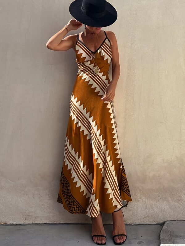 Ethnic Print Two Tone Cami Dress, Elegant V Neck Sleeveless Ankle Length Cami Dress For Spring & Summer, Women's Clothing