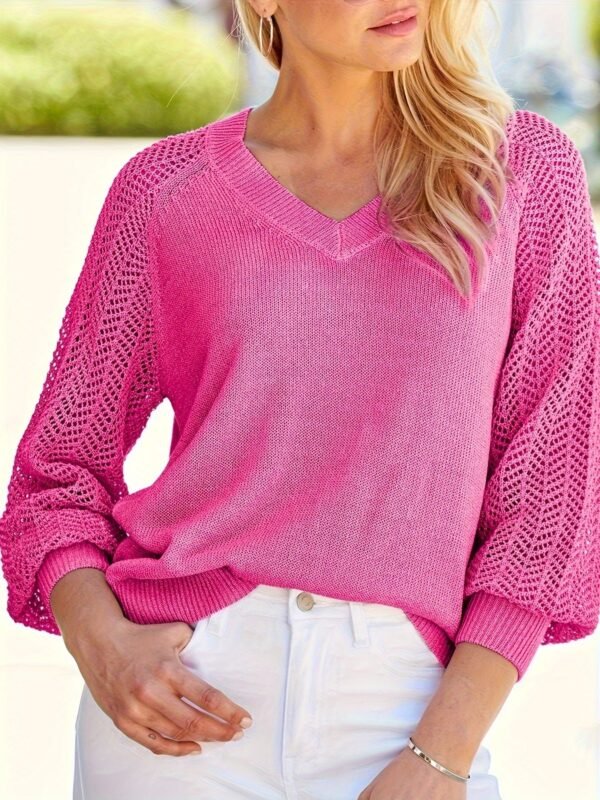 Solid V Neck Pointelle Knit Sweater, Casual 3/4 Sleeve Loose Sweater, Women's Clothing