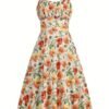 Floral Print Wide Strap Dress, Vacation Style Sleeveless Ruched Bust A-line Dress For Spring & Summer, Women's Clothing