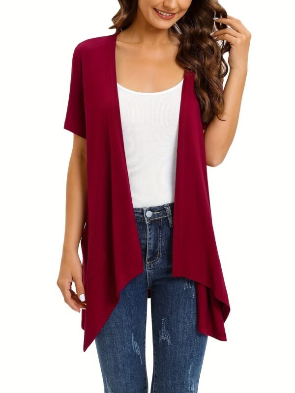 Dual Pockets Open Front Coat, Casual Short Sleeve Coat For Spring & Summer, Women's Clothing