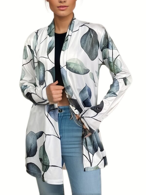 Leaves Print Open Front Cardigan, Versatile Long Sleeve Outwear For Spring & Fall, Women's Clothing