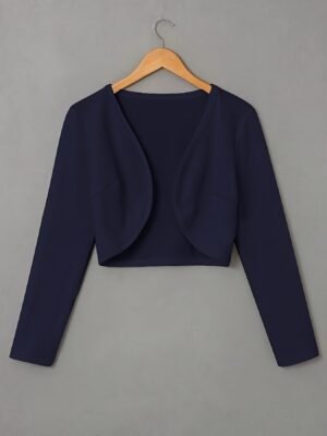 Solid Color Open Front Crop Jacket, Versatile Long Sleeve Outwear For Spring & Fall, Women's Clothing