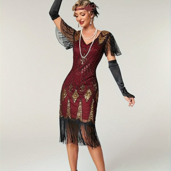 Sequin V Neck Dress, Elegant Fringe Hem Dress For Party & Club, Women's Clothing Wedding/Evening dress/Occasion/Engagement/Ceremony