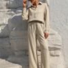 Solid Color Pantsuits Set, Button Front Long Sleeve Shirt & Wide Leg Drawstring Waist Pants Outfits, Women's Clothing