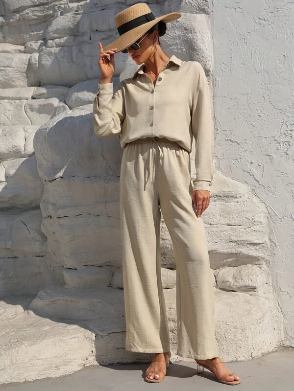 Solid Color Pantsuits Set, Button Front Long Sleeve Shirt & Wide Leg Drawstring Waist Pants Outfits, Women's Clothing