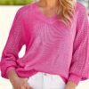 Solid V Neck Pointelle Knit Sweater, Casual 3/4 Sleeve Loose Sweater, Women's Clothing