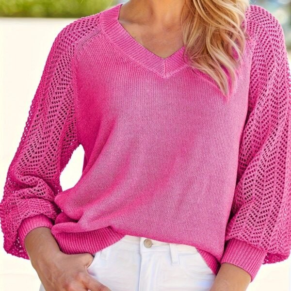 Solid V Neck Pointelle Knit Sweater, Casual 3/4 Sleeve Loose Sweater, Women's Clothing