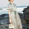 Allover Print Drawstring Waist Dress, Elegant Short Sleeve Contrast Trim Button Front Dress For Spring & Summer, Women's Clothing