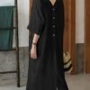 Solid Color Button Coverup Dress, Casual V Neck Half Sleeve Loose Midi Dress With Pocket, Women's Clothing