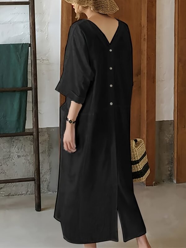 Solid Color Button Coverup Dress, Casual V Neck Half Sleeve Loose Midi Dress With Pocket, Women's Clothing