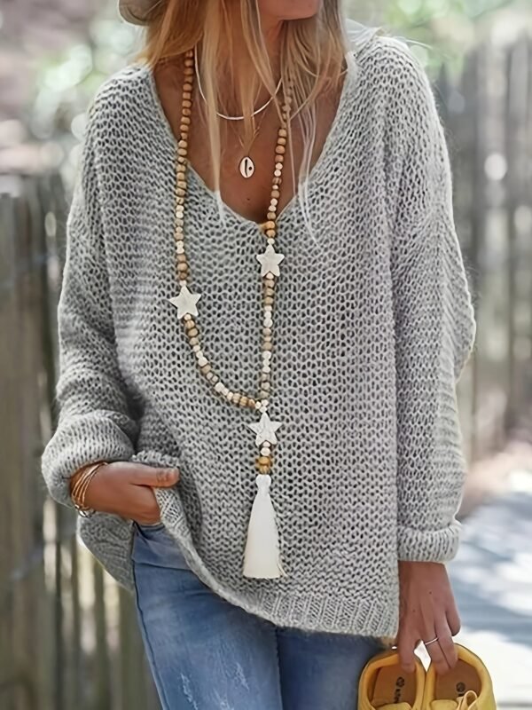 Solid V Neck Knitted Pullover Sweater, Casual Long Sleeve Sweater For Spring & Fall, Women's Clothing