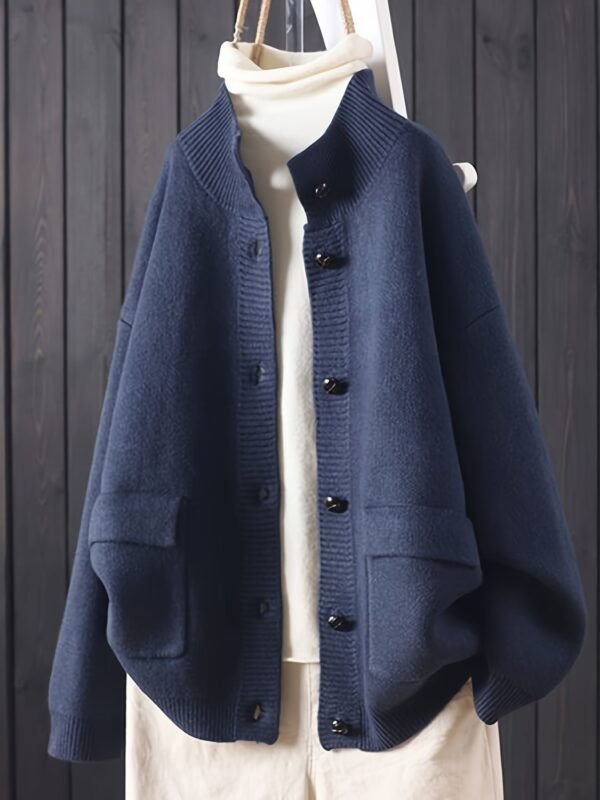 Solid Color Button Front Knitted Cardigan, Casual Long Sleeve Cardigan For Fall & Winter, Women's Clothing