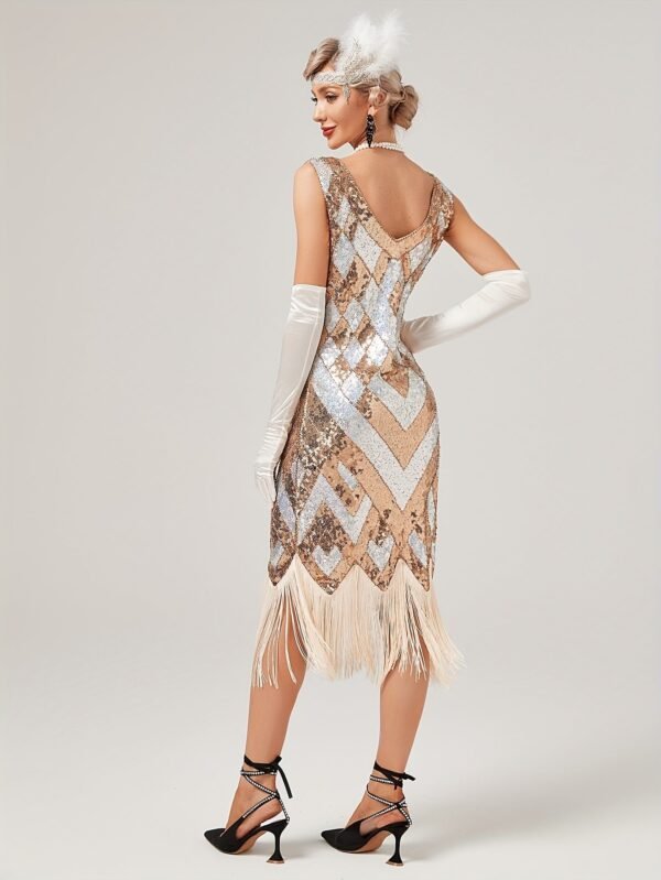 Sequined Tassel Hem Dress, Vintage Plunging Neck Sleeveless Backless Sheath Dress, Women's Clothing