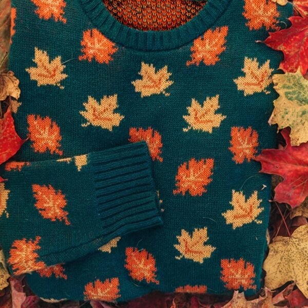 Maple Leaf Pattern Crew Neck Sweater, Casual Long Sleeve Stylish Pullover Sweater, Women's Clothing