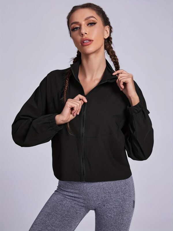 Solid Zipper Front Crop Jacket, Versatile Long Sleeve Jacket For Spring & Fall, Women's Clothing