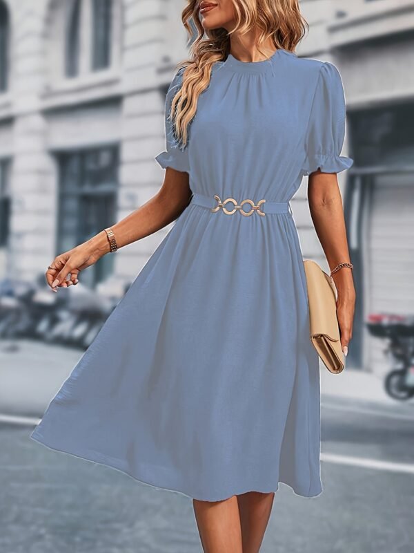 Chain Belted Puff Sleeve Dress, Elegant Summer Mock Neck Knee Length Dress For Spring & Summer, Women's Clothing