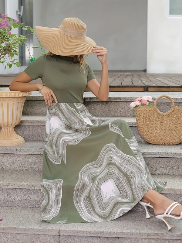 Graphic Print Splicing Aline Dress, Vintage Mock Neck Short Sleeve Dress, Women's Clothing